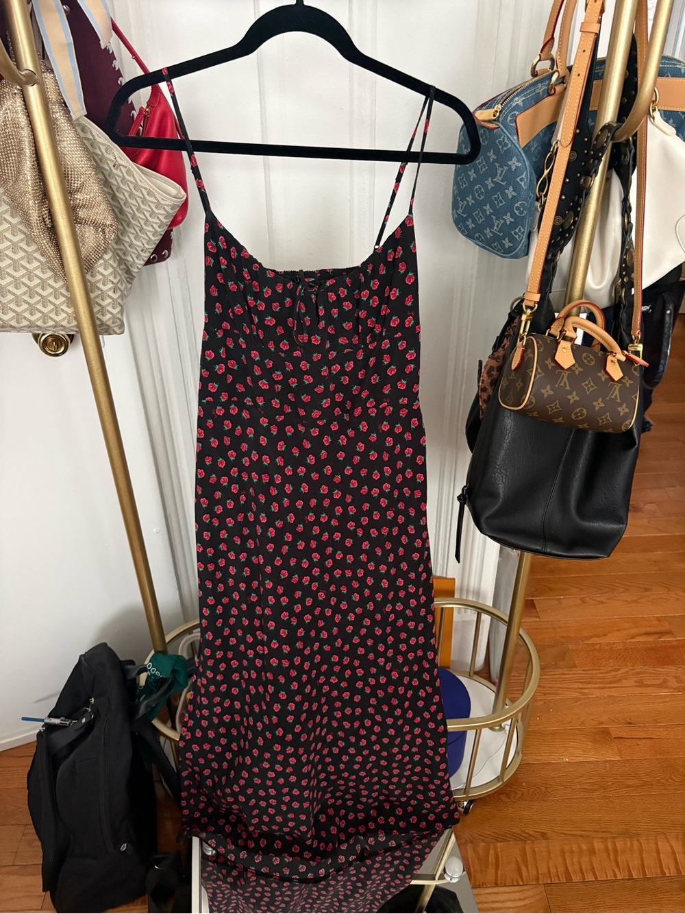 Realisation Par Black Slip Dress with Red Floral Print